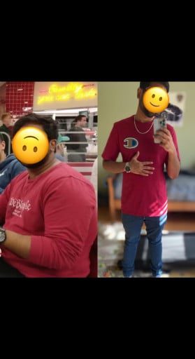 A before and after photo of a 5'7" male showing a weight reduction from 226 pounds to 141 pounds. A respectable loss of 85 pounds.