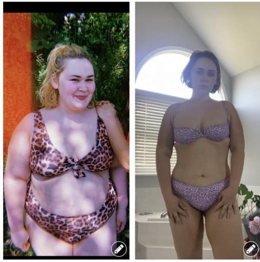 A progress pic of a 5'5" woman showing a fat loss from 267 pounds to 175 pounds. A net loss of 92 pounds.