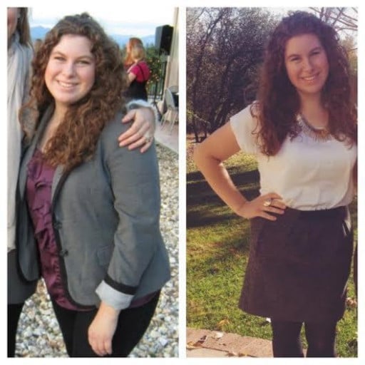 A progress pic of a 5'6" woman showing a weight reduction from 205 pounds to 165 pounds. A respectable loss of 40 pounds.