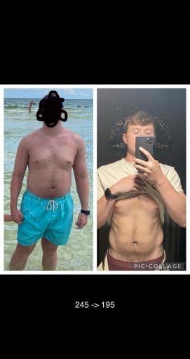 50 lbs Fat Loss Before and After 6 feet 1 Male 245 lbs to 195 lbs