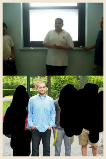 A progress pic of a 5'11" man showing a fat loss from 250 pounds to 195 pounds. A net loss of 55 pounds.