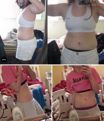 A progress pic of a 5'3" woman showing a fat loss from 155 pounds to 121 pounds. A respectable loss of 34 pounds.