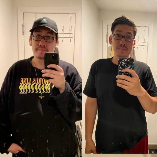 A progress pic of a 5'11" man showing a fat loss from 260 pounds to 210 pounds. A total loss of 50 pounds.