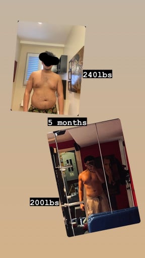 A progress pic of a 6'0" man showing a fat loss from 240 pounds to 200 pounds. A respectable loss of 40 pounds.
