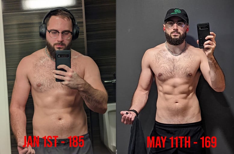 A before and after photo of a 5'11" male showing a weight reduction from 185 pounds to 169 pounds. A net loss of 16 pounds.