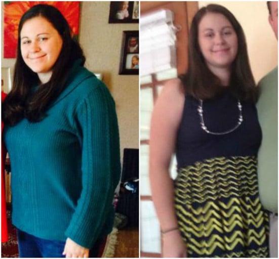 A photo of a 5'5" woman showing a weight loss from 222 pounds to 181 pounds. A respectable loss of 41 pounds.