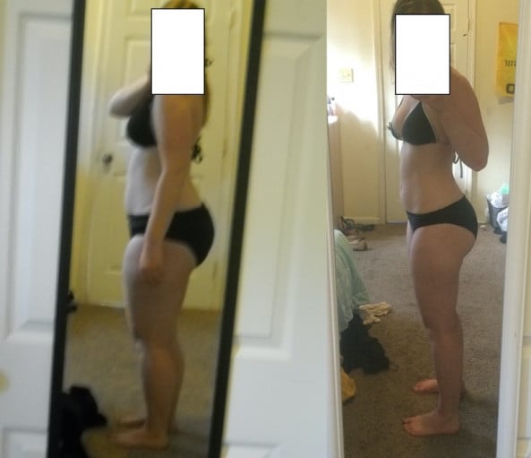 A before and after photo of a 5'8" female showing a weight loss from 180 pounds to 155 pounds. A respectable loss of 25 pounds.