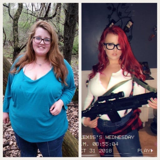 A picture of a 5'4" female showing a weight loss from 305 pounds to 195 pounds. A net loss of 110 pounds.