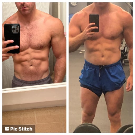 A before and after photo of a 6'0" male showing a weight reduction from 200 pounds to 185 pounds. A respectable loss of 15 pounds.