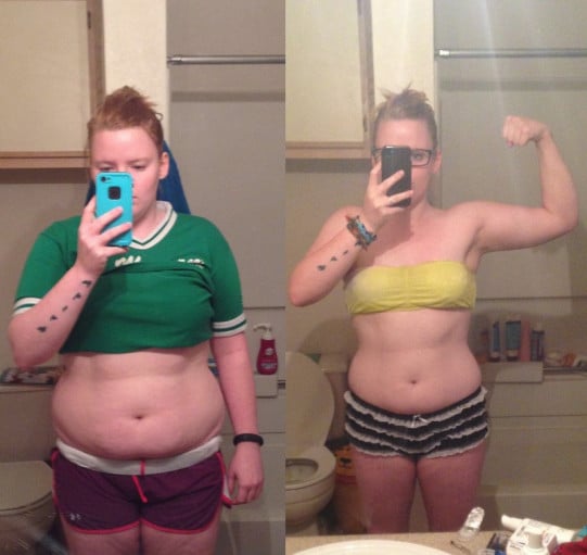 A progress pic of a 5'6" woman showing a weight reduction from 186 pounds to 151 pounds. A net loss of 35 pounds.