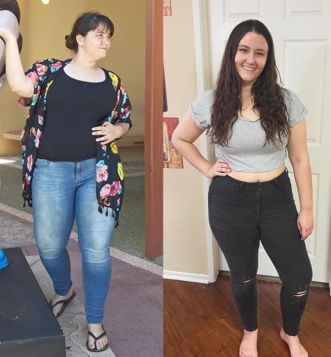 A progress pic of a 5'7" woman showing a fat loss from 240 pounds to 198 pounds. A net loss of 42 pounds.