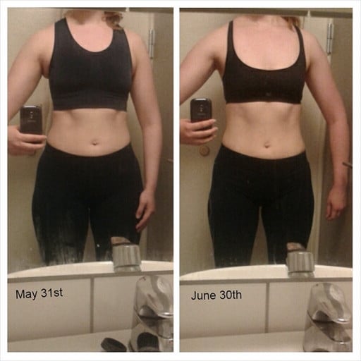 A progress pic of a 5'7" woman showing a fat loss from 162 pounds to 156 pounds. A respectable loss of 6 pounds.