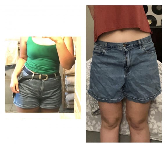 A before and after photo of a 5'8" female showing a weight reduction from 198 pounds to 155 pounds. A net loss of 43 pounds.