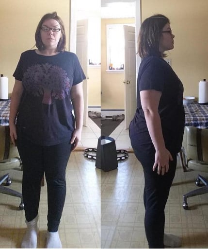 A progress pic of a 5'4" woman showing a weight reduction from 294 pounds to 187 pounds. A respectable loss of 107 pounds.