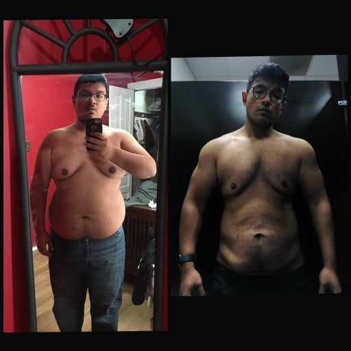 A before and after photo of a 5'6" male showing a weight reduction from 280 pounds to 175 pounds. A respectable loss of 105 pounds.