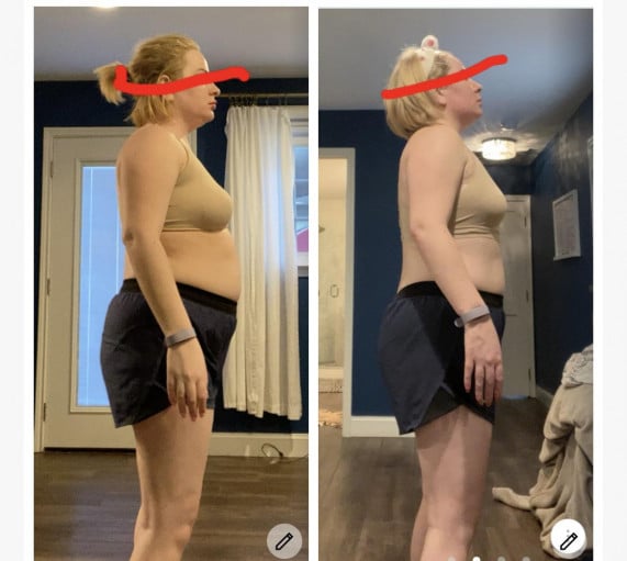 A progress pic of a 5'6" woman showing a weight bulk from 181 pounds to 183 pounds. A net gain of 2 pounds.