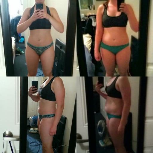A photo of a 5'6" woman showing a weight cut from 156 pounds to 149 pounds. A total loss of 7 pounds.