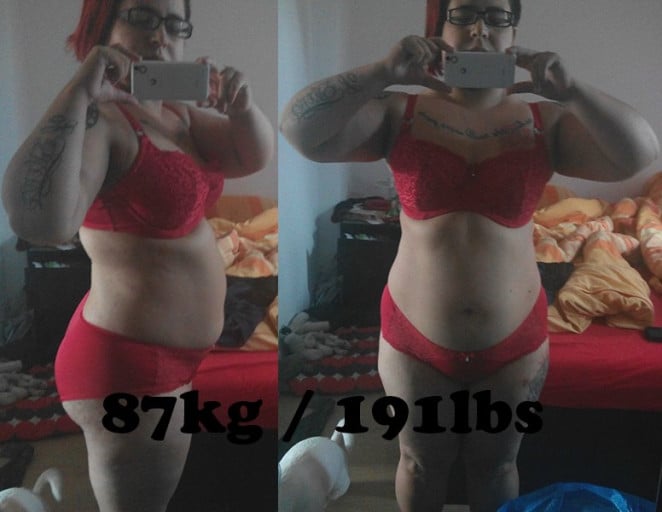 A before and after photo of a 5'2" female showing a fat loss from 205 pounds to 168 pounds. A total loss of 37 pounds.