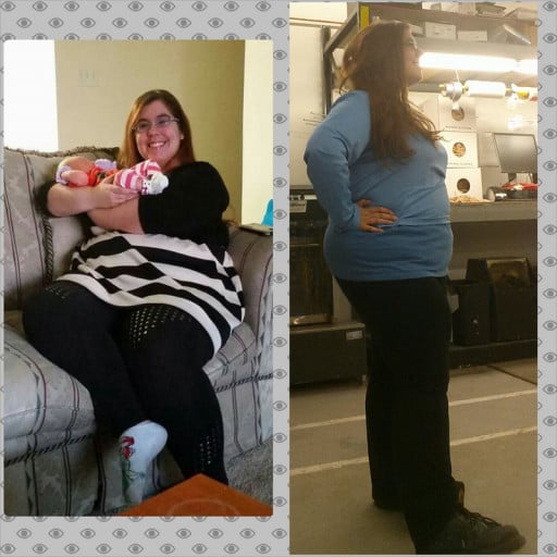 A progress pic of a 5'0" woman showing a weight cut from 285 pounds to 201 pounds. A total loss of 84 pounds.
