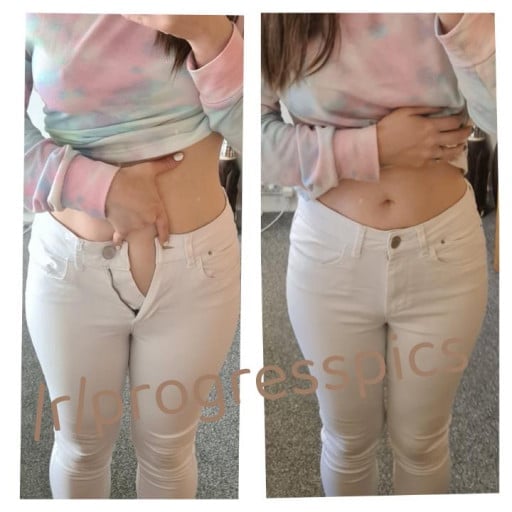 A before and after photo of a 5'3" female showing a weight reduction from 131 pounds to 121 pounds. A total loss of 10 pounds.