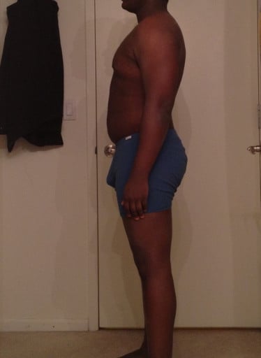A before and after photo of a 5'9" male showing a snapshot of 220 pounds at a height of 5'9
