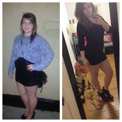 A before and after photo of a 5'4" female showing a weight cut from 208 pounds to 163 pounds. A total loss of 45 pounds.