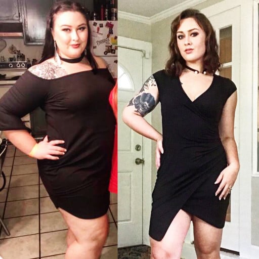 A picture of a 5'3" female showing a weight loss from 230 pounds to 147 pounds. A total loss of 83 pounds.