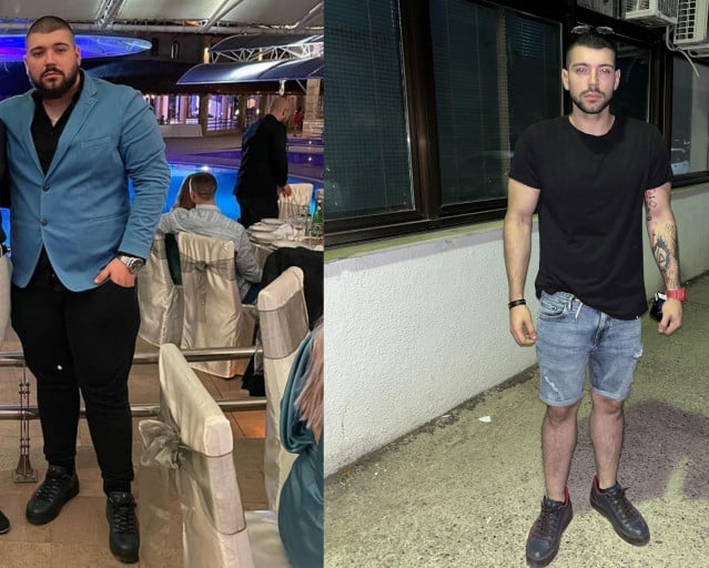 A before and after photo of a 6'2" male showing a weight reduction from 316 pounds to 205 pounds. A net loss of 111 pounds.