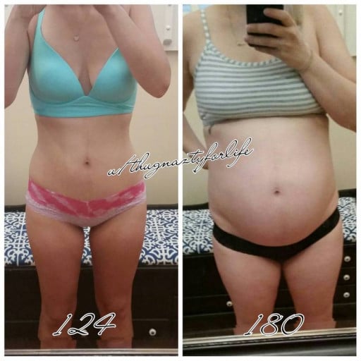 A progress pic of a 5'6" woman showing a fat loss from 180 pounds to 124 pounds. A net loss of 56 pounds.