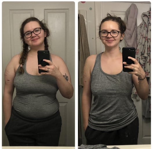 A before and after photo of a 5'7" female showing a weight reduction from 220 pounds to 140 pounds. A net loss of 80 pounds.