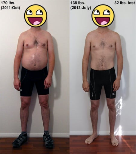 A progress pic of a 5'10" man showing a fat loss from 170 pounds to 138 pounds. A net loss of 32 pounds.
