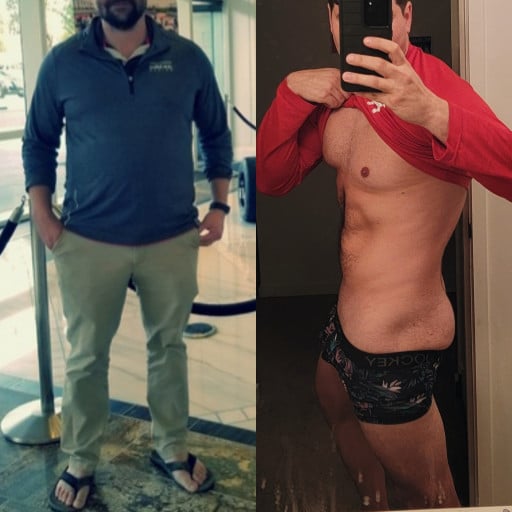 A picture of a 5'11" male showing a weight loss from 235 pounds to 192 pounds. A net loss of 43 pounds.