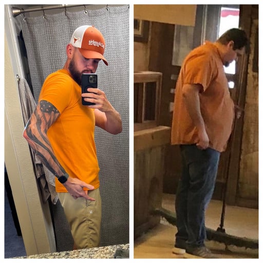 A before and after photo of a 6'5" male showing a weight reduction from 360 pounds to 199 pounds. A respectable loss of 161 pounds.