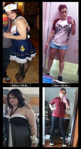 A picture of a 5'4" female showing a weight loss from 190 pounds to 150 pounds. A total loss of 40 pounds.