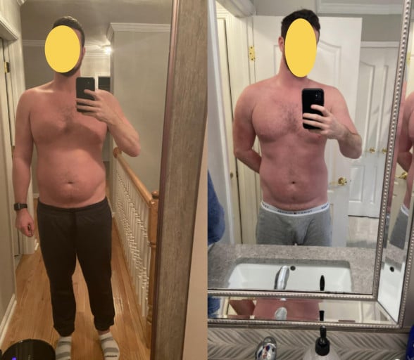 A progress pic of a 6'3" man showing a fat loss from 246 pounds to 234 pounds. A net loss of 12 pounds.