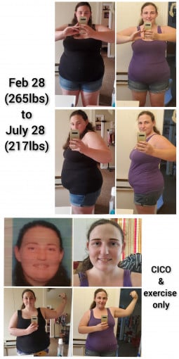 A progress pic of a 5'4" woman showing a fat loss from 265 pounds to 217 pounds. A net loss of 48 pounds.