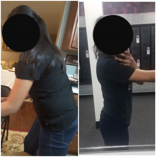 A before and after photo of a 5'5" female showing a weight reduction from 151 pounds to 135 pounds. A net loss of 16 pounds.