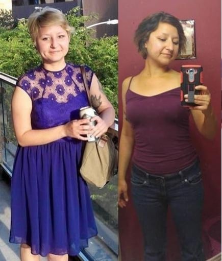 A picture of a 5'4" female showing a weight loss from 155 pounds to 127 pounds. A net loss of 28 pounds.