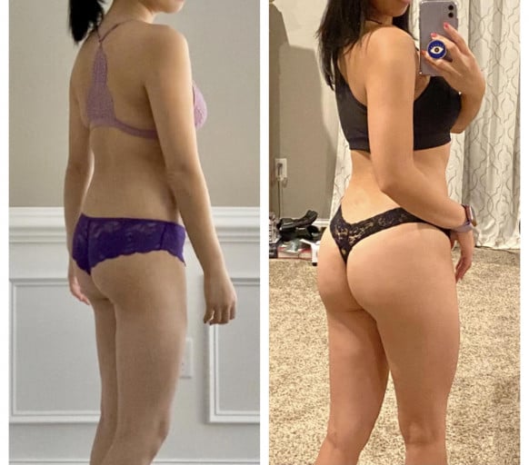 A before and after photo of a 5'5" female showing a muscle gain from 116 pounds to 124 pounds. A net gain of 8 pounds.