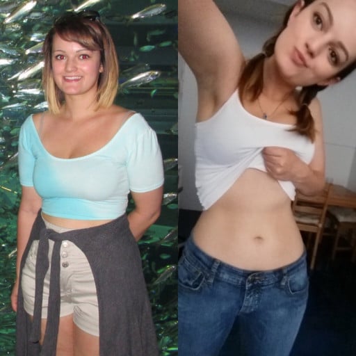 A picture of a 5'3" female showing a weight loss from 140 pounds to 122 pounds. A total loss of 18 pounds.