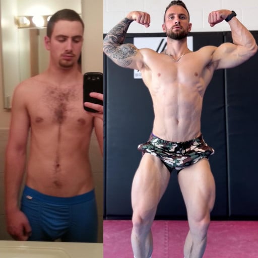 A progress pic of a 5'8" man showing a muscle gain from 140 pounds to 162 pounds. A respectable gain of 22 pounds.