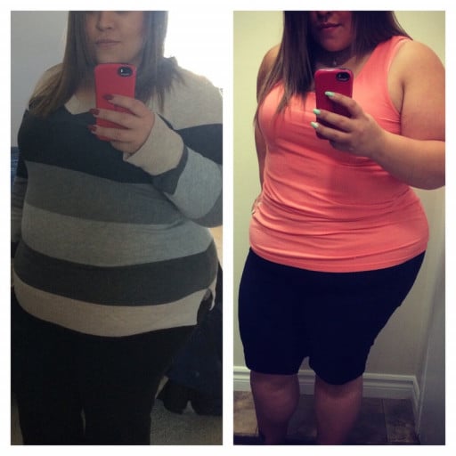 A progress pic of a 5'0" woman showing a fat loss from 253 pounds to 223 pounds. A net loss of 30 pounds.