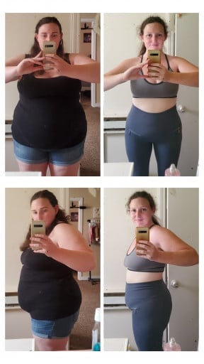 A photo of a 5'4" woman showing a weight cut from 265 pounds to 165 pounds. A net loss of 100 pounds.