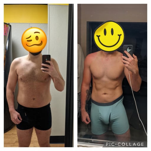 A before and after photo of a 6'4" male showing a weight reduction from 235 pounds to 195 pounds. A respectable loss of 40 pounds.