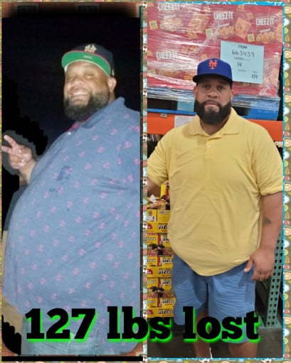 A before and after photo of a 5'11" male showing a weight reduction from 444 pounds to 317 pounds. A total loss of 127 pounds.
