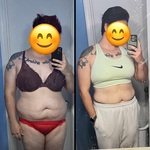 A before and after photo of a 5'8" female showing a weight reduction from 245 pounds to 223 pounds. A net loss of 22 pounds.