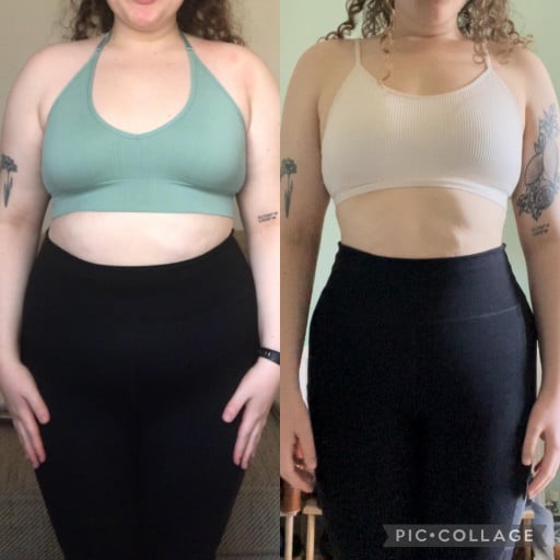A progress pic of a 5'6" woman showing a fat loss from 235 pounds to 172 pounds. A total loss of 63 pounds.