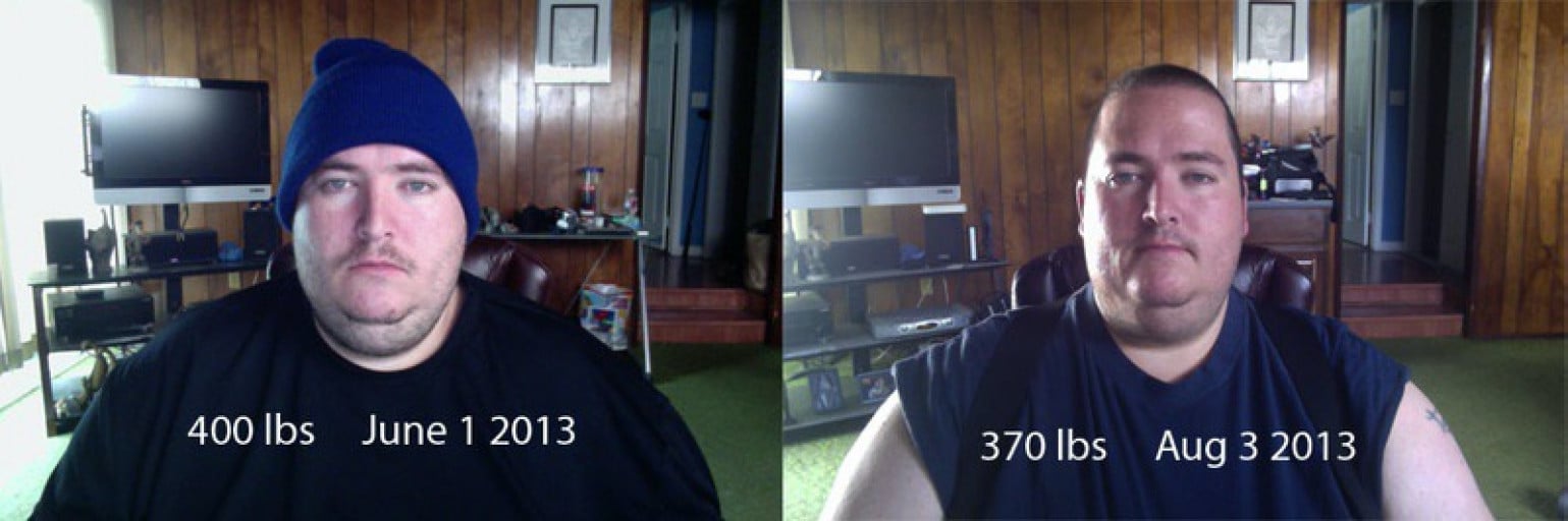 A progress pic of a 5'10" man showing a fat loss from 400 pounds to 370 pounds. A total loss of 30 pounds.