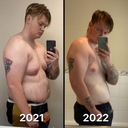 A photo of a 6'2" man showing a weight cut from 330 pounds to 273 pounds. A net loss of 57 pounds.