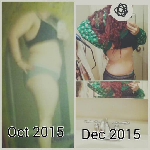 A picture of a 5'2" female showing a weight loss from 224 pounds to 174 pounds. A total loss of 50 pounds.